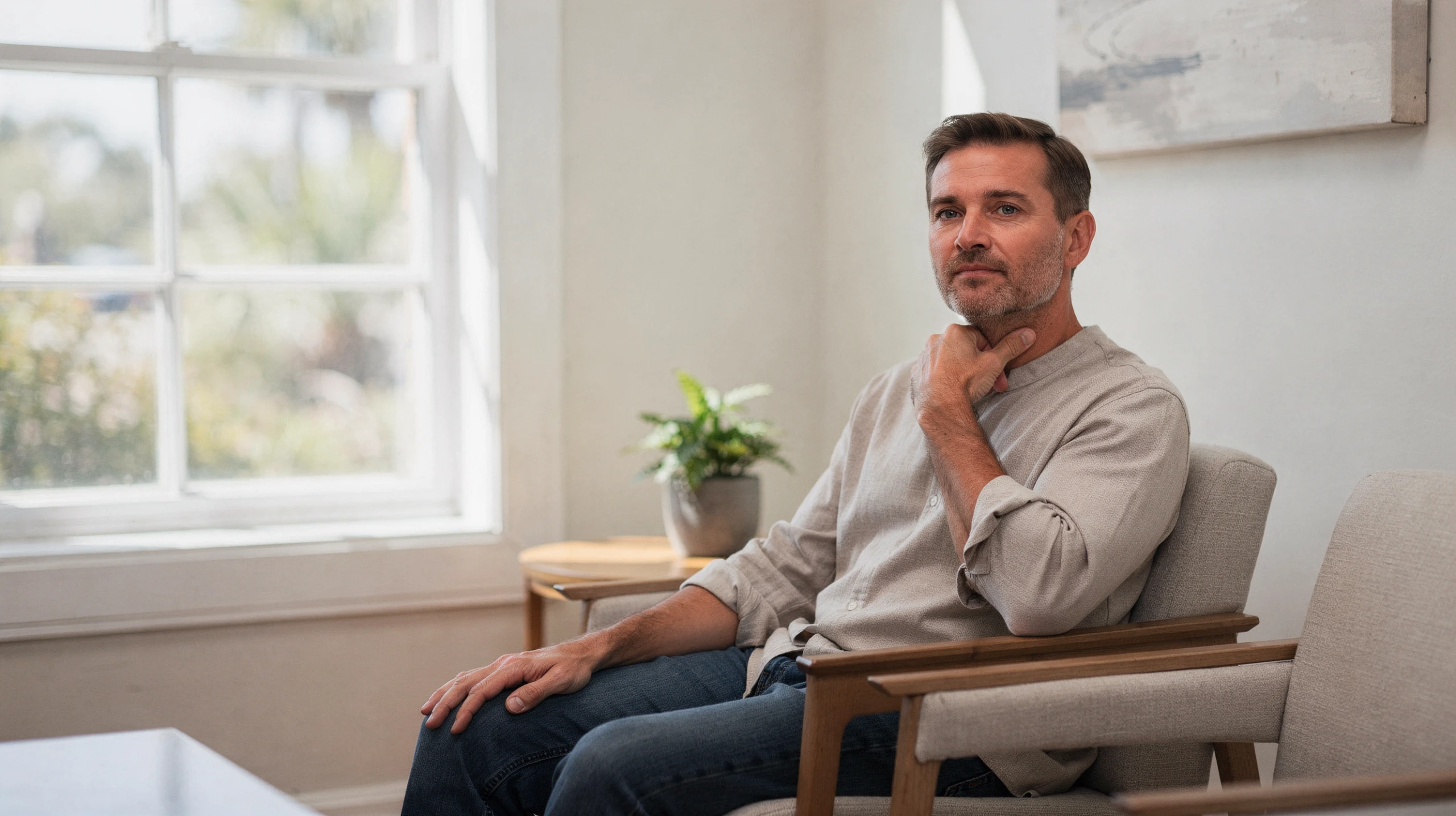 Man sitting in a bright office with a window, hand to chin in thoughtful pose